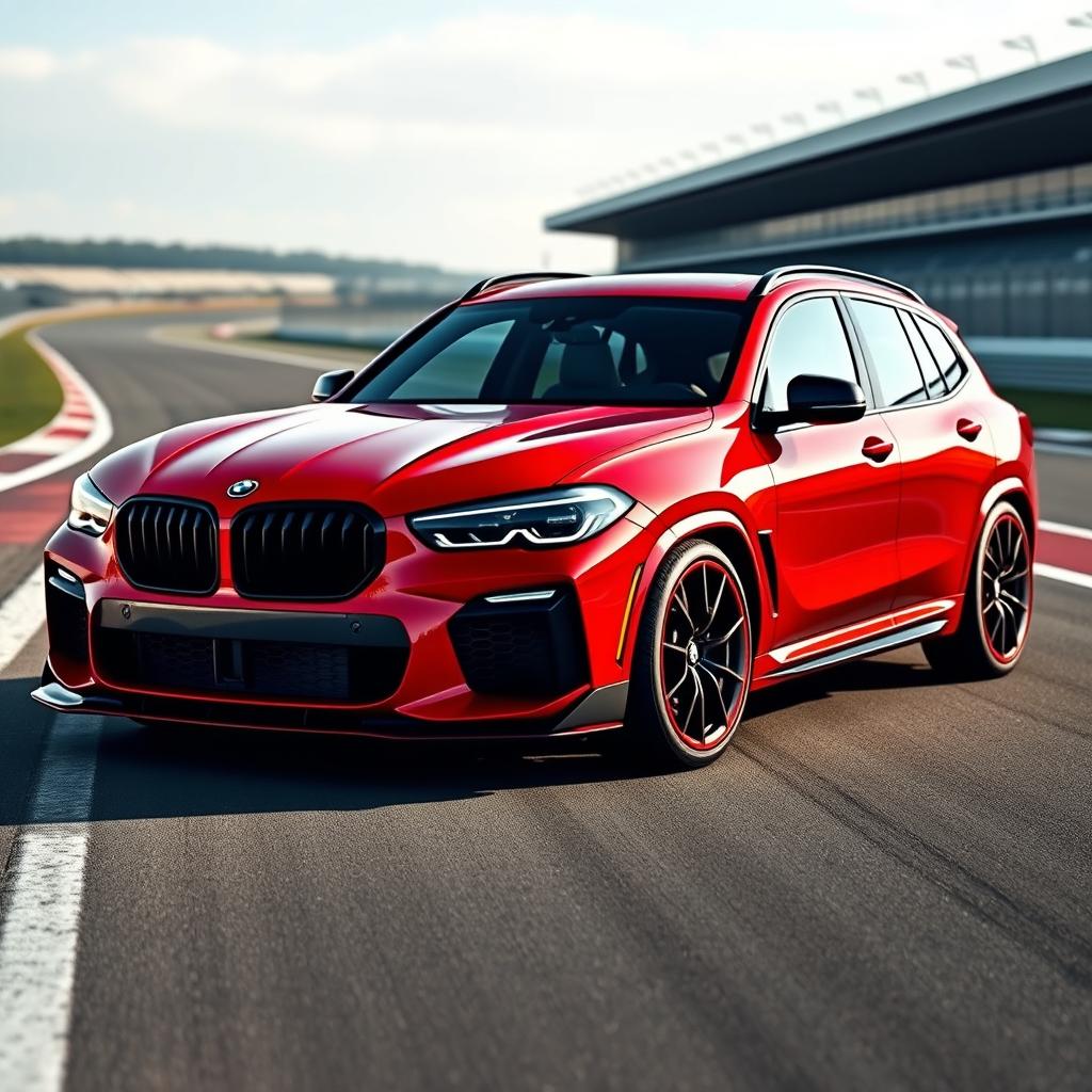 A highly sporty car design that merges the aggressive features of a Lamborghini Huracan with the powerful stance of a 2021 BMW X3