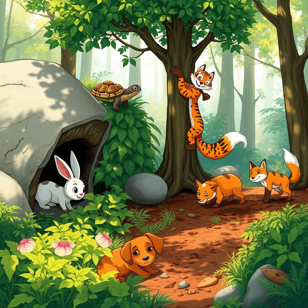 An illustration depicting a lively scene of animal friends engaged in a search in the forest
