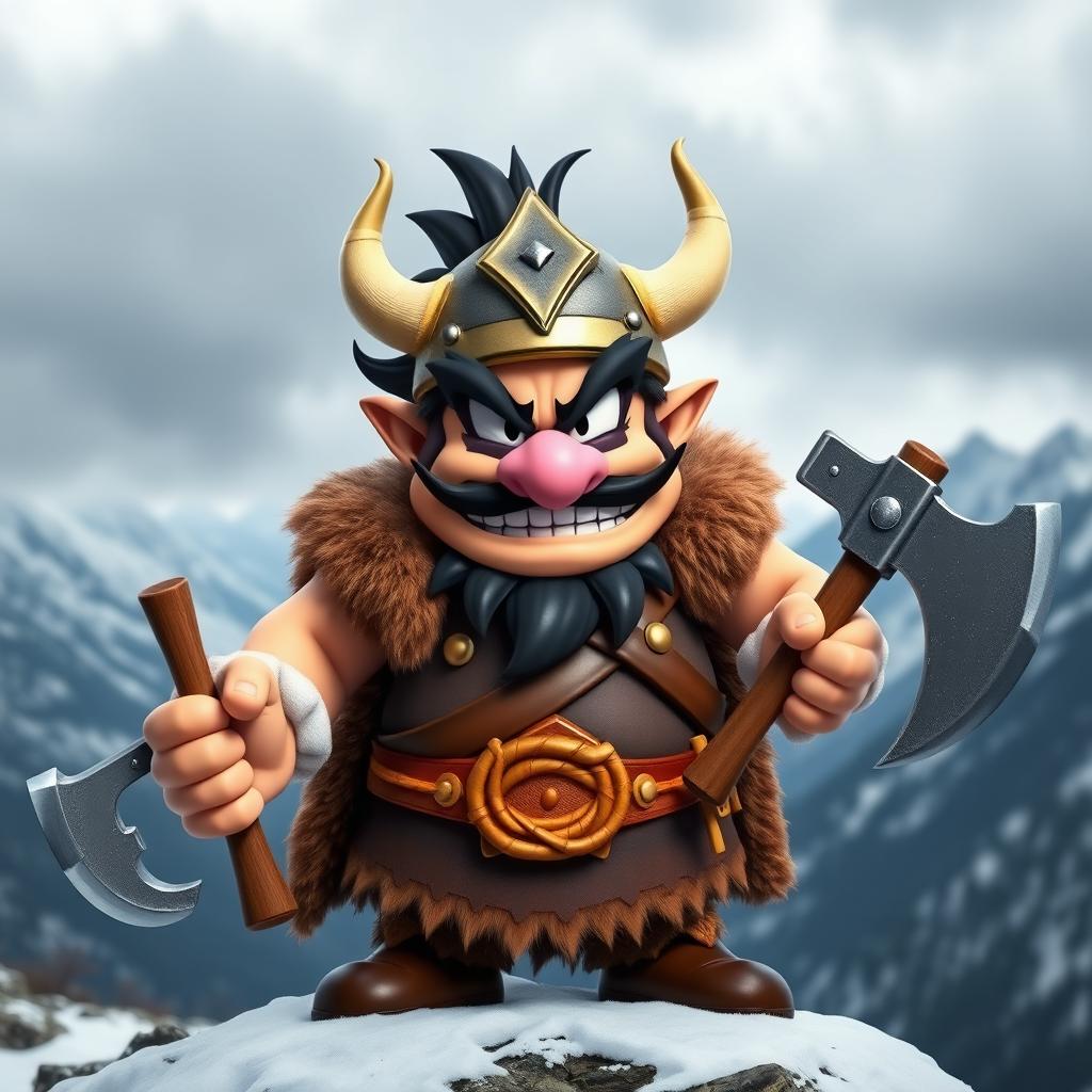 Wario, the iconic character from the Wario Land series, portrayed as a fierce Nordic Viking