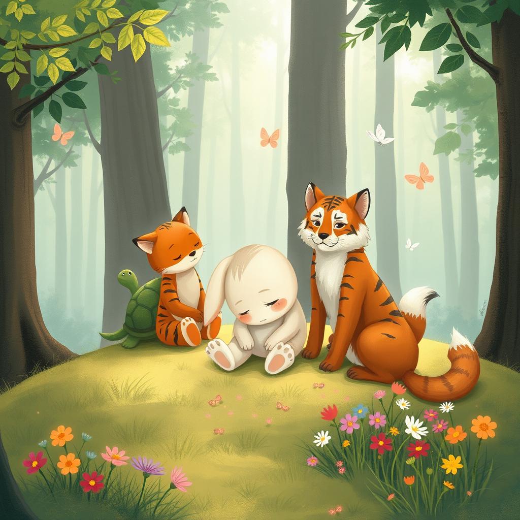 An illustration showcasing a tranquil scene in the forest where Min Rabbit sits on a soft patch of grass with his head down, looking sad and thoughtful