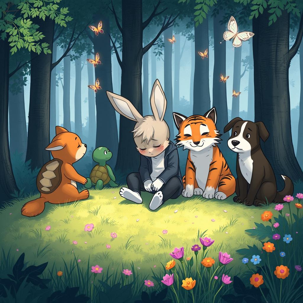 An illustration of Min Rabbit sitting on a soft patch of grass, his head bowed in sadness, embodying a sense of melancholy