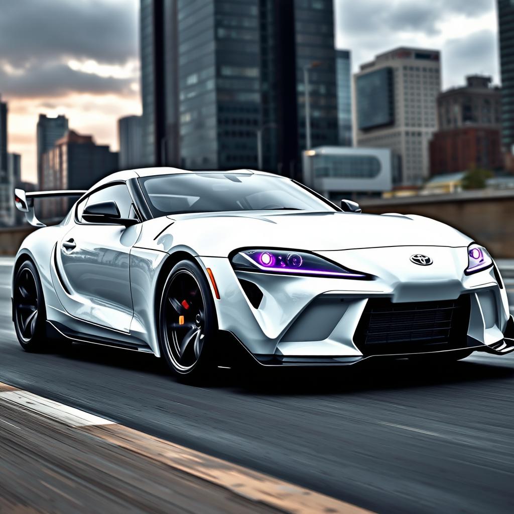A stunning white Toyota Supra MK4 equipped with an aggressive body kit enhancing its aerodynamics and sporty appearance