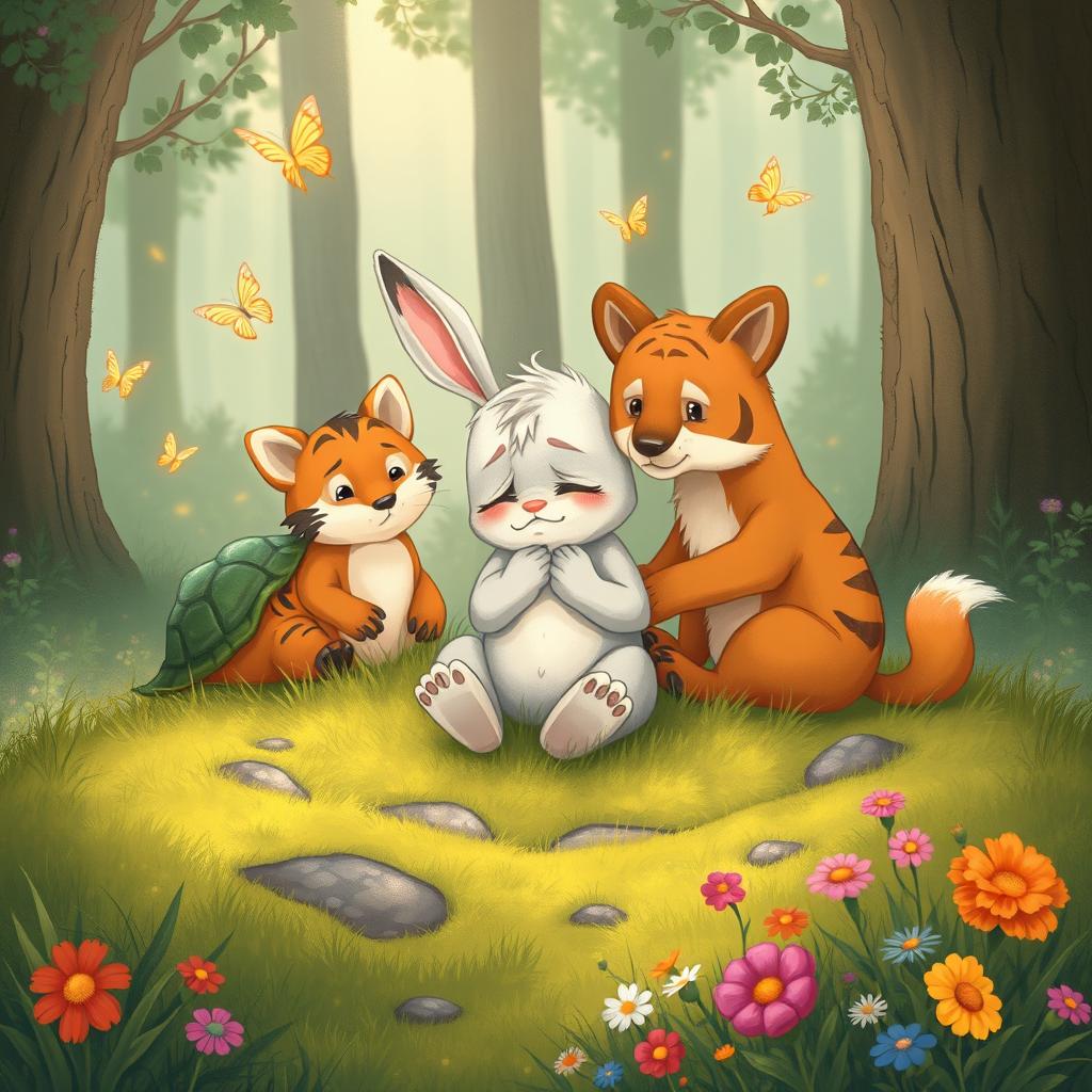 An emotional illustration of Min Rabbit sitting on a patch of grass, visibly sad and crying, conveying a sense of vulnerability