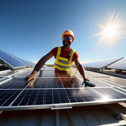 A focused solar installer with a radiant smile, meticulously setting up solar panels on a sun-drenched rooftop, set against the backdrop of a vivid blue sky. 