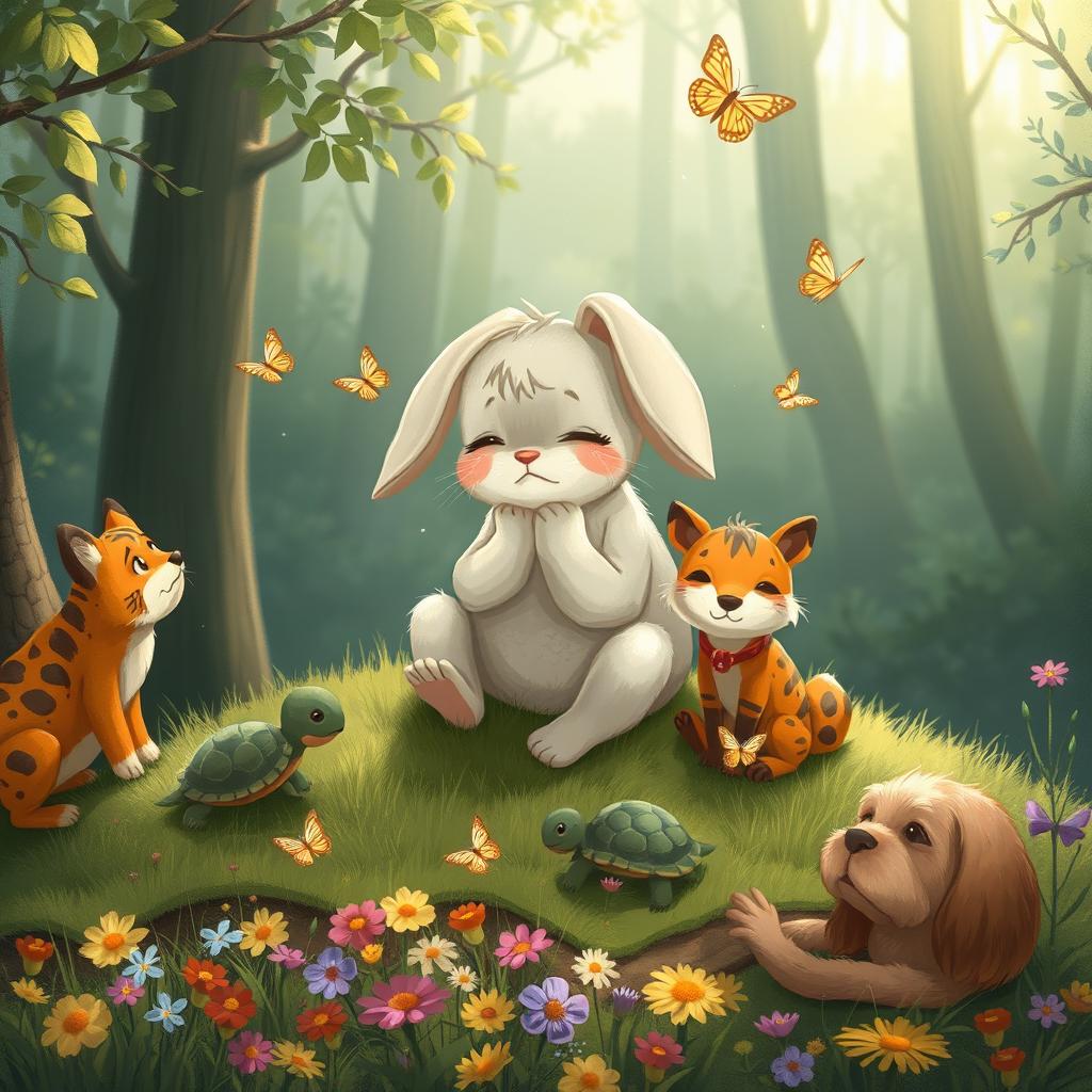 A poignant illustration featuring Min Rabbit sitting on a patch of grass, visibly sad and crying, embodying a deep sense of emotion