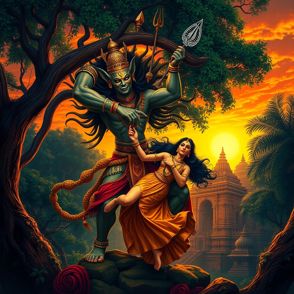 A dramatic scene depicting the mythical moment of Ravana abducting Sita from the forest