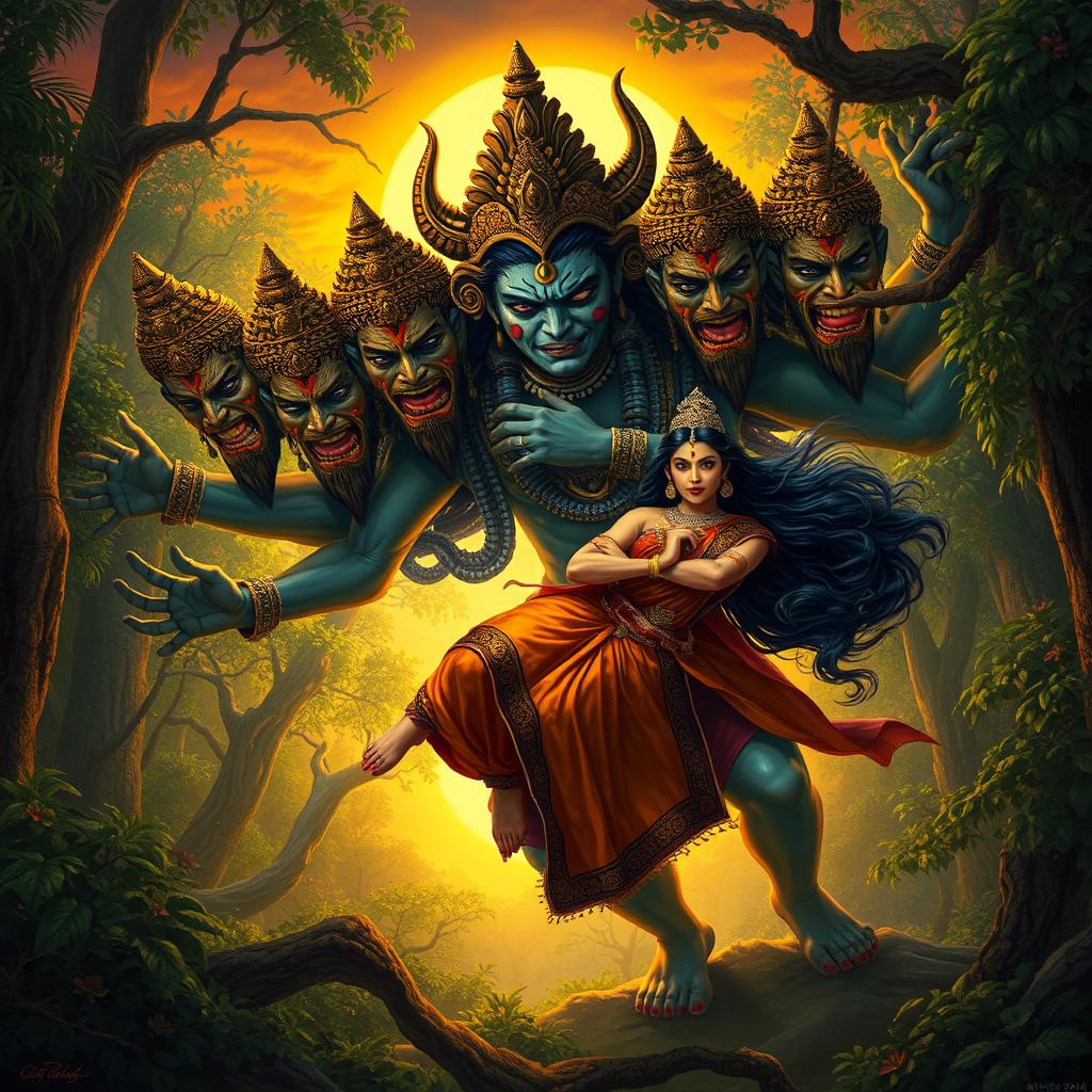 An intense moment capturing Ravana, the ten-headed demon king, as he abducts Sita from the forest