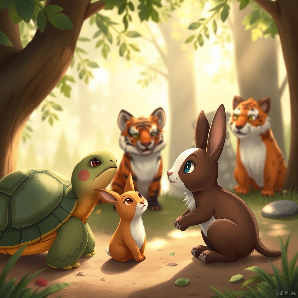 A warm and engaging illustration capturing Turtle gently speaking to Min Rabbit, who looks up with an intrigued expression, reflecting curiosity and interest