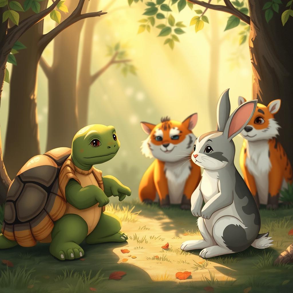 A warm and wise illustration of Turtle gently speaking to Min Rabbit, conveying important and thoughtful advice