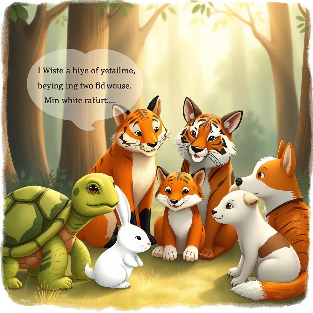 A warm and wise illustration featuring Turtle gently speaking to Min White Rabbit with a thoughtful expression, conveying important advice