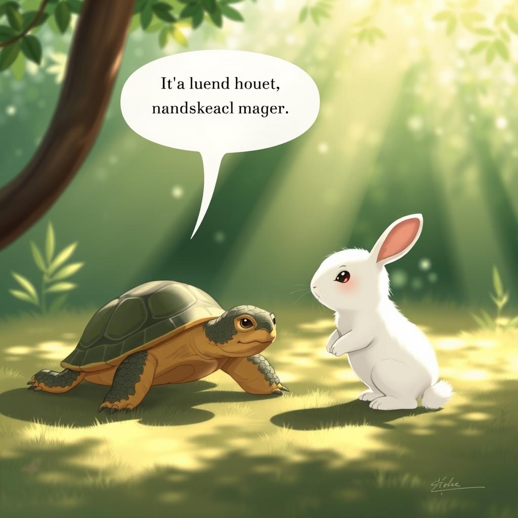 A serene illustration of Turtle gently speaking to Min White Rabbit with wisdom, conveying an important message
