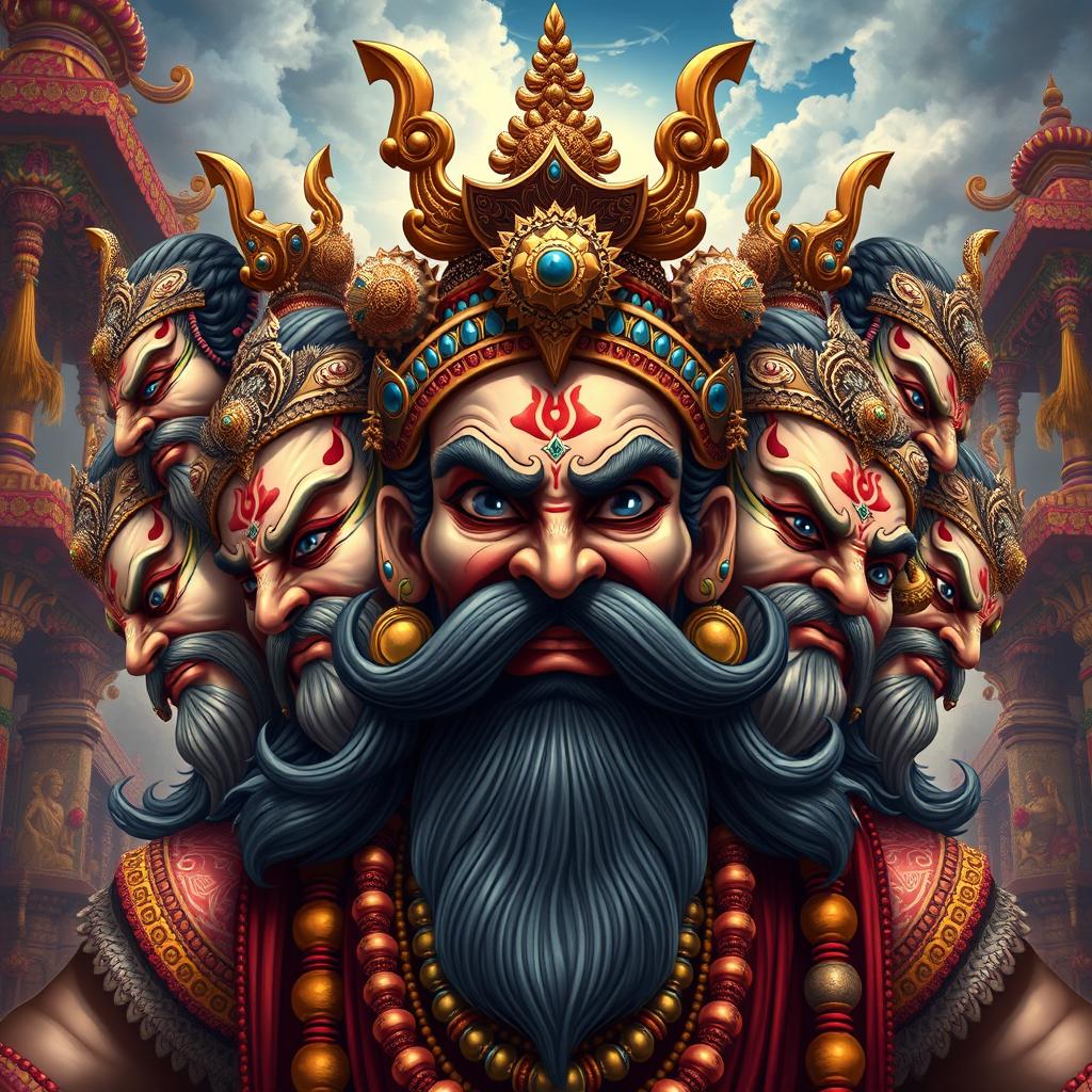 A detailed illustration of Ravana, the powerful demon king from Hindu mythology, depicted with ten heads, each featuring unique expressions and finely detailed features