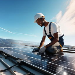 A focused solar installer with a radiant smile, meticulously setting up solar panels on a sun-drenched rooftop, set against the backdrop of a vivid blue sky. 