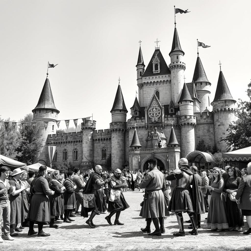 A whimsical medieval castle set against a clear sky, bustling with people enjoying a vibrant festival