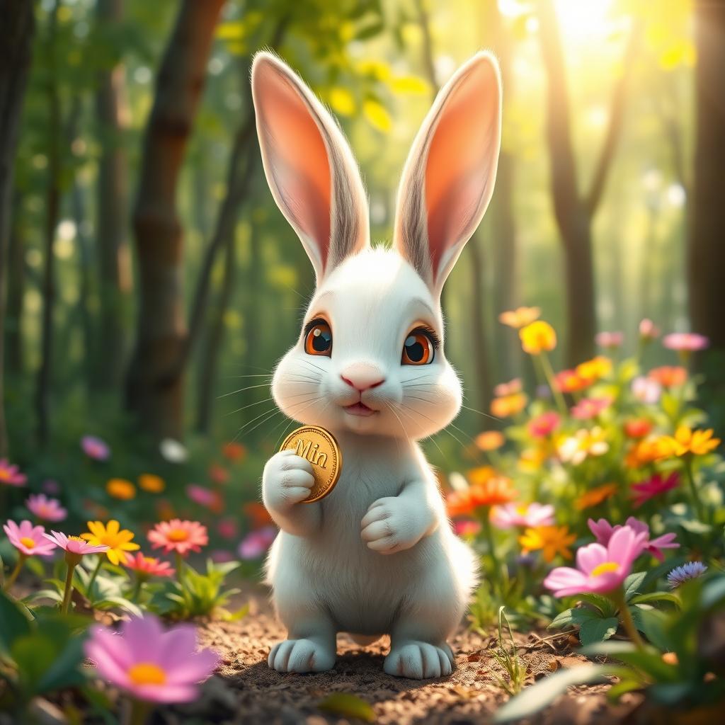 A small white rabbit with big brown eyes, standing in a sunny forest
