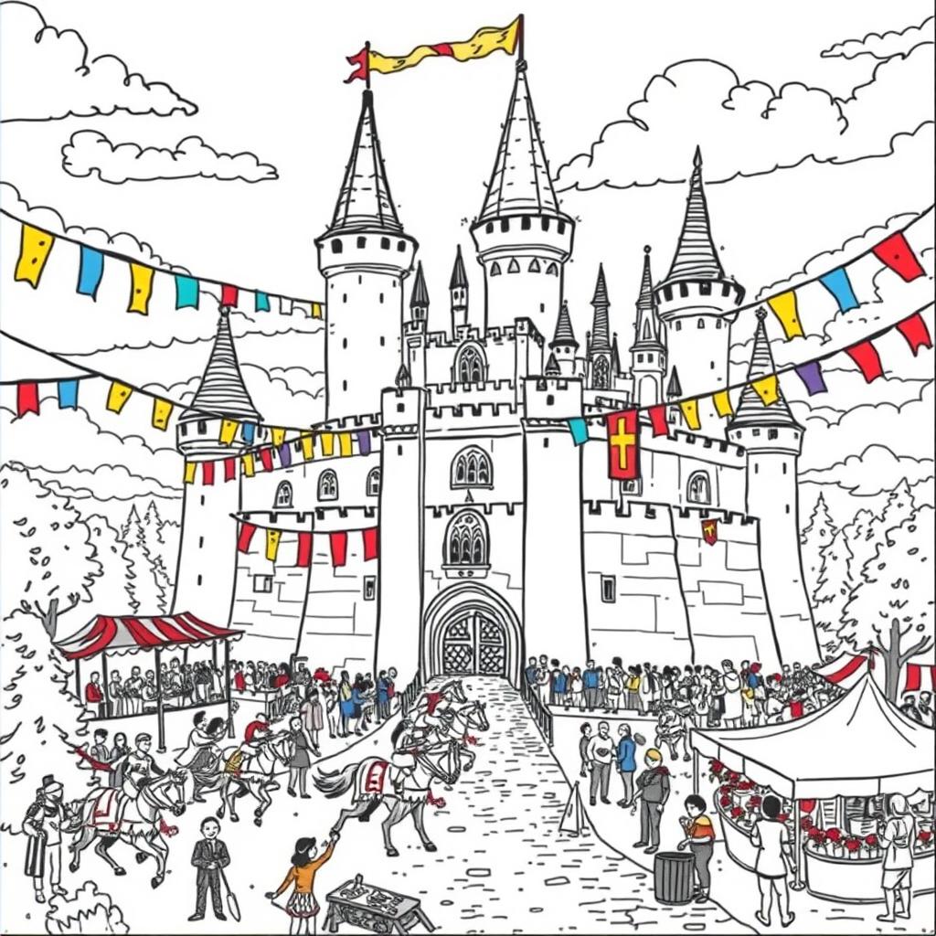 A whimsical medieval castle adorned with colorful banners, bustling with activity as people celebrate a vibrant festival
