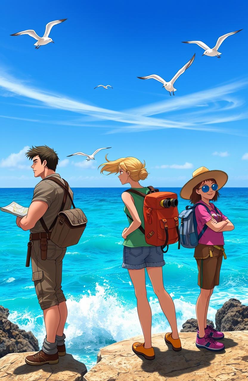 Three adventurous figures standing back to back at the edge of a vibrant blue ocean, with waves crashing against the rocky shore
