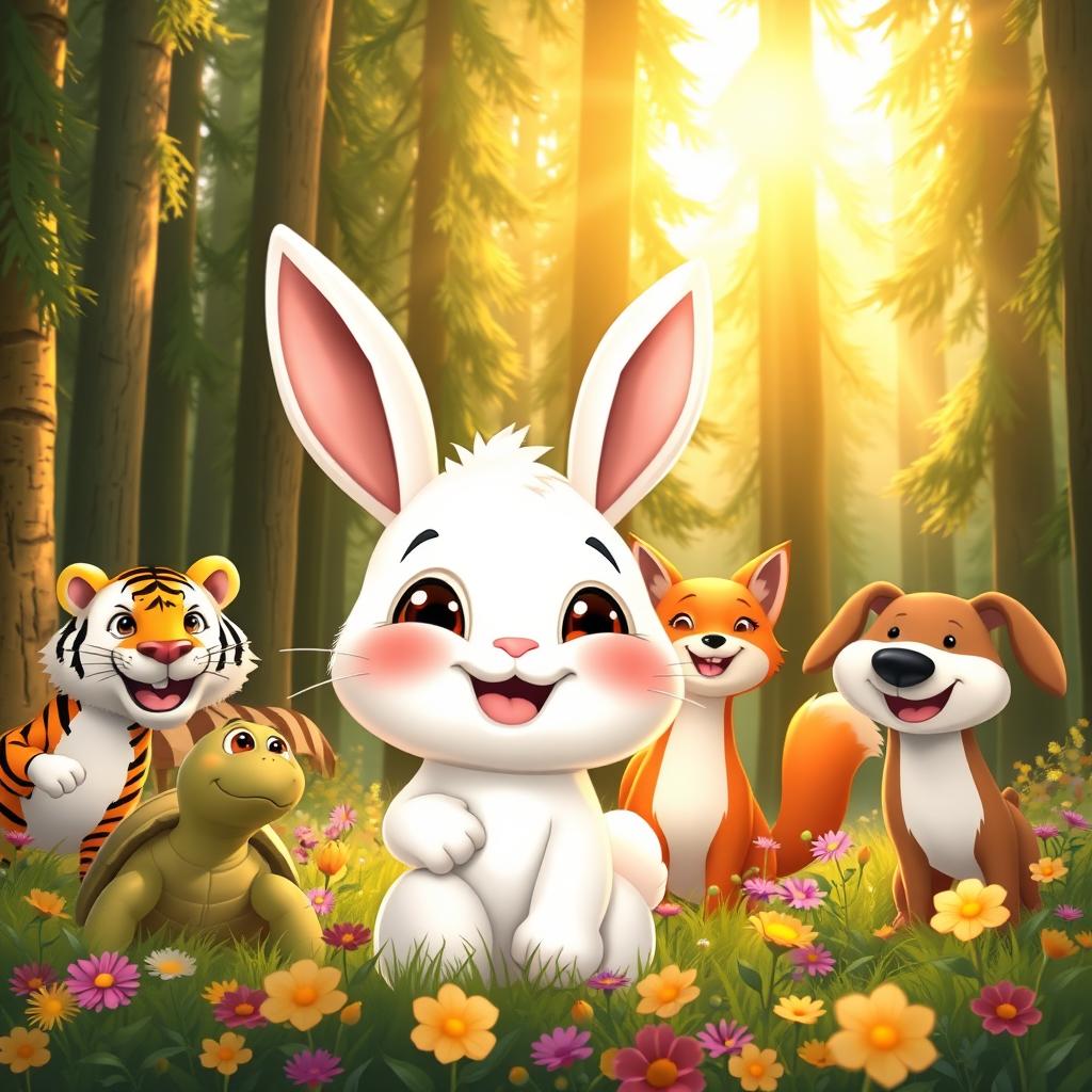 Min Rabbit, a small white rabbit with big brown eyes, smiling joyfully in a sunny forest