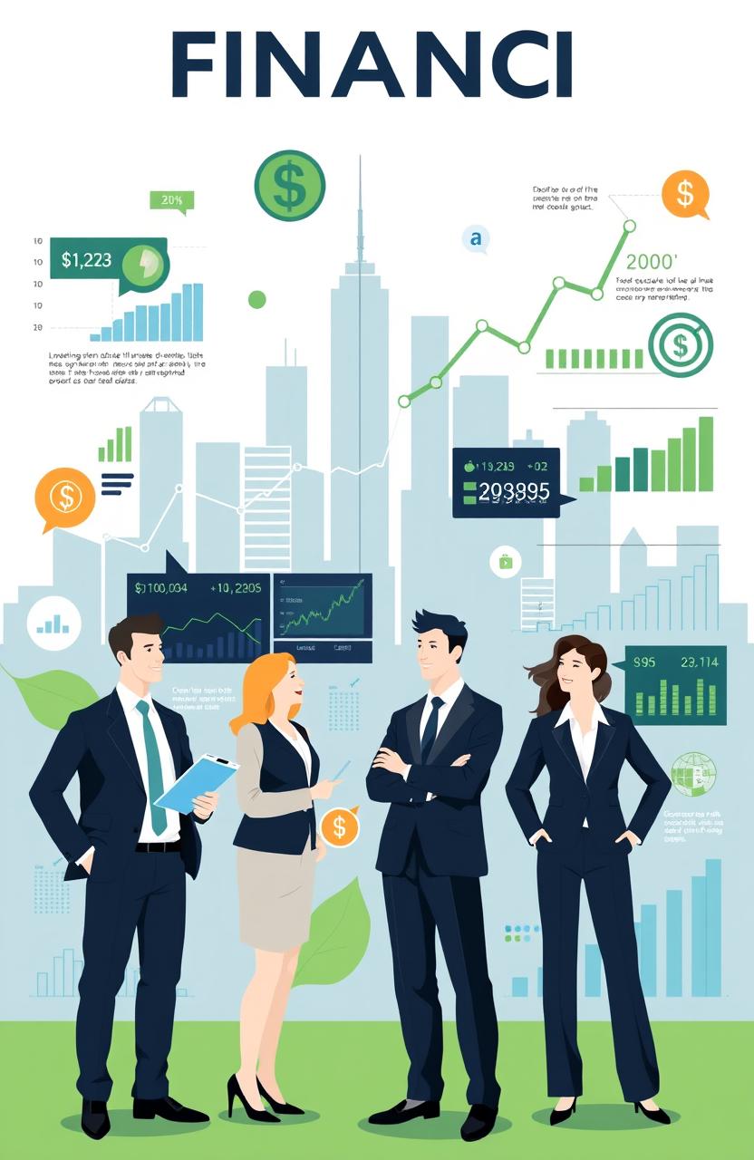 A visually engaging and dynamic infographic illustrating various aspects of finance