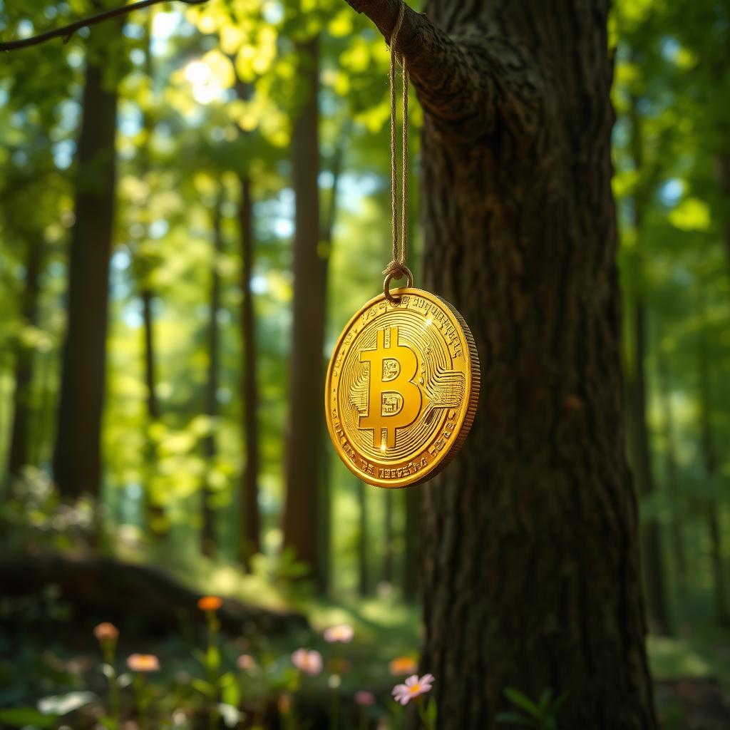 A shiny golden coin hanging from a sturdy tree branch in a sunny forest