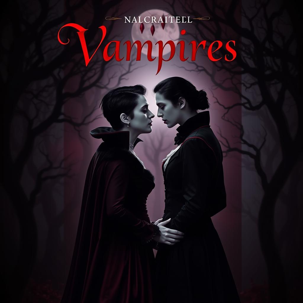 A dark and atmospheric book cover featuring vampires in a romantic setting