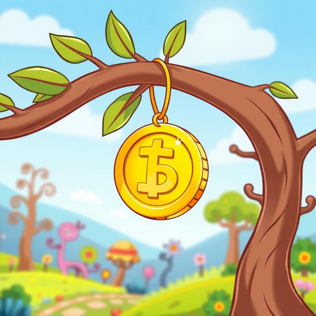A cartoon-style illustration of a shiny golden coin hanging from a whimsical tree branch
