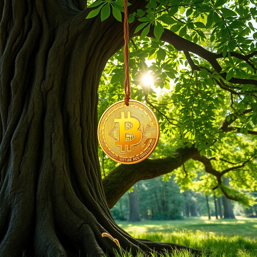 A shiny golden coin hanging from a thick branch of a large, majestic tree