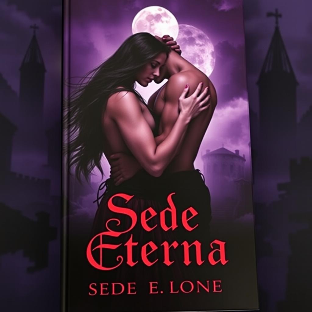 A dark and atmospheric book cover featuring a pair of alluring vampires entwined in an intimate embrace under a moonlit sky