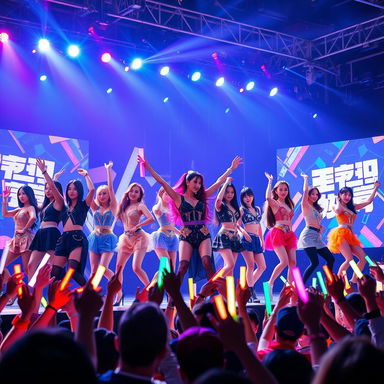 A vibrant and energetic K-pop concert scene featuring a group of stylishly dressed performers on stage