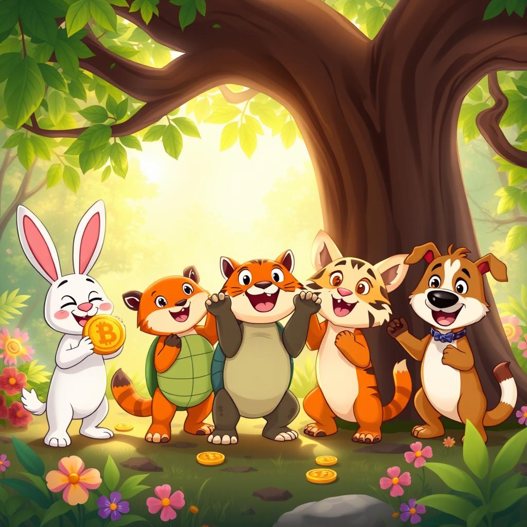 A cheerful scene depicting Min Rabbit, a playful Turtle, a clever Fox, a majestic Tiger, and a friendly Dog celebrating together under a large tree
