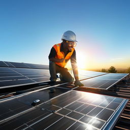 A focused solar installer with a radiant smile, meticulously setting up solar panels on a sun-drenched rooftop, set against the backdrop of a vivid blue sky. 