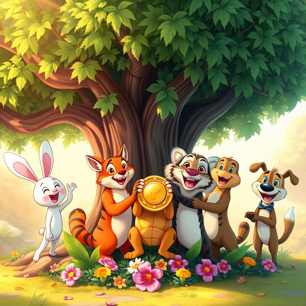 A joyful cartoon scene featuring Min Rabbit, a single Turtle, a clever Fox, a majestic Tiger, and a friendly Dog all celebrating together under a large, lush tree