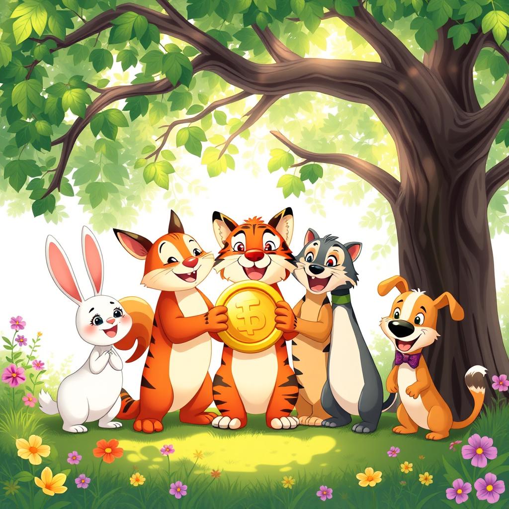 A delightful illustration showcasing Min Rabbit, a single Turtle, a clever Fox, a majestic Tiger, and a cheerful Dog all gathered together under the shade of a large, leafy tree