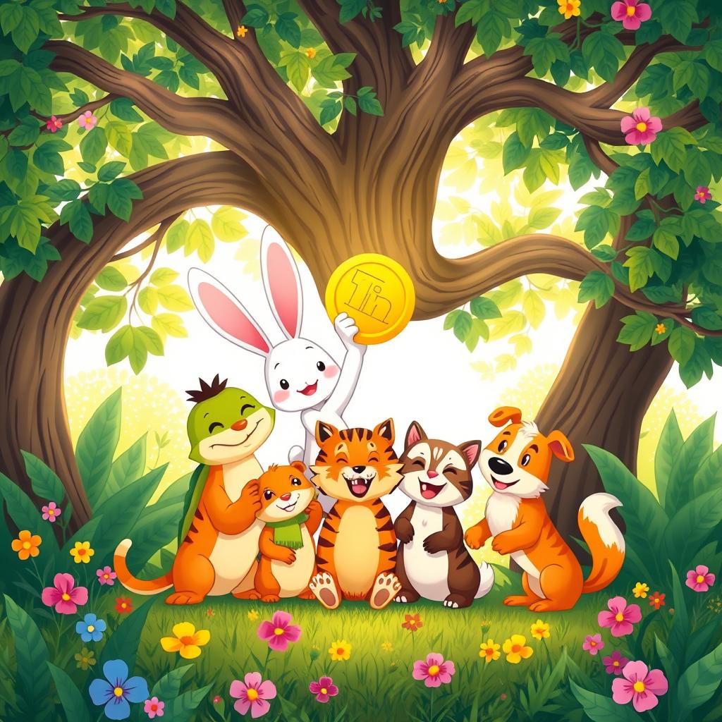 A delightful illustration featuring Min Rabbit proudly holding a shiny golden coin while a Turtle, a Fox, a Tiger, and a Dog celebrate together beneath a large, leafy tree