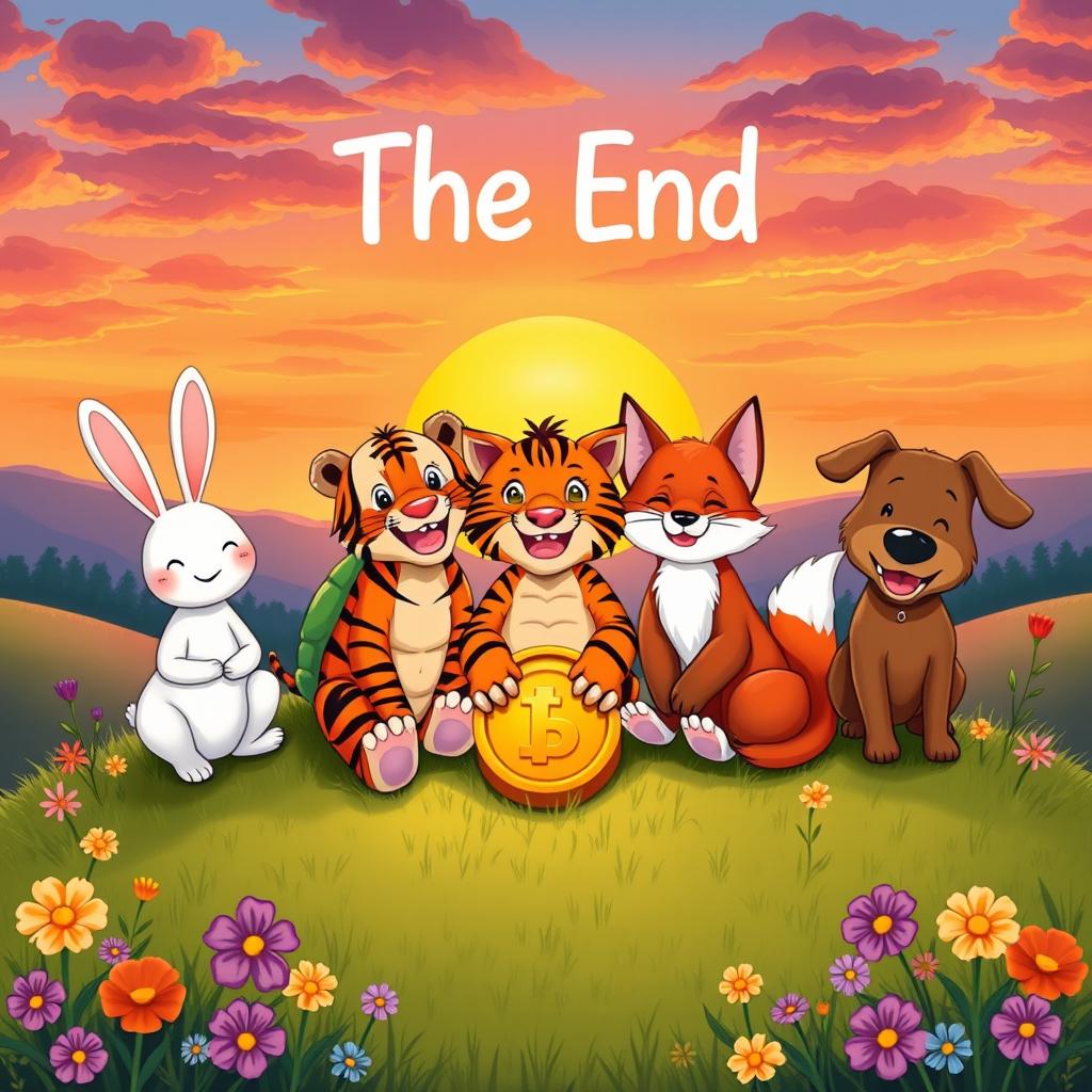 A heartwarming scene depicting Min Rabbit, a friendly Turtle, a majestic Tiger, a clever Fox, and a cheerful Dog all sitting together on a grassy hill