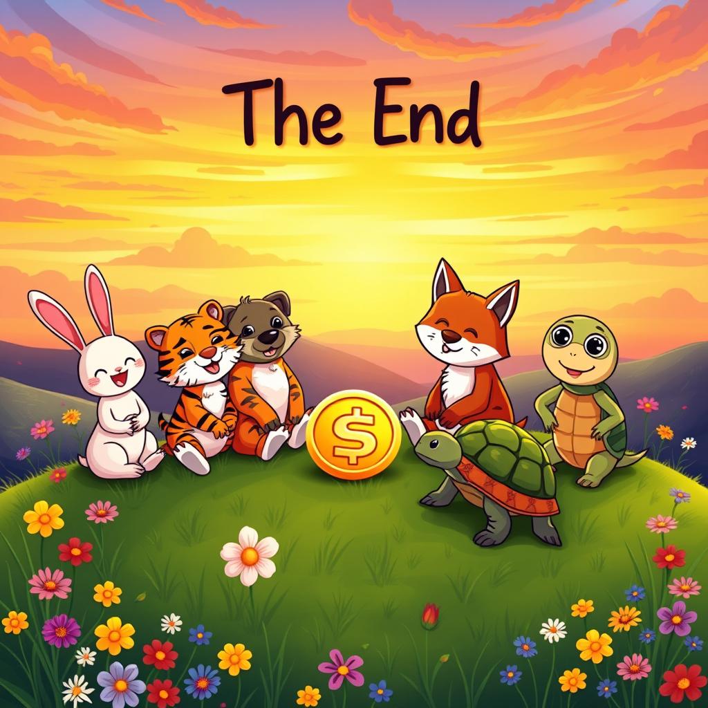 A charming scene featuring Min Rabbit, a friendly Tiger, a clever Fox, a joyful Dog, and a wise Turtle all sitting together on a grassy hill, smiling brightly