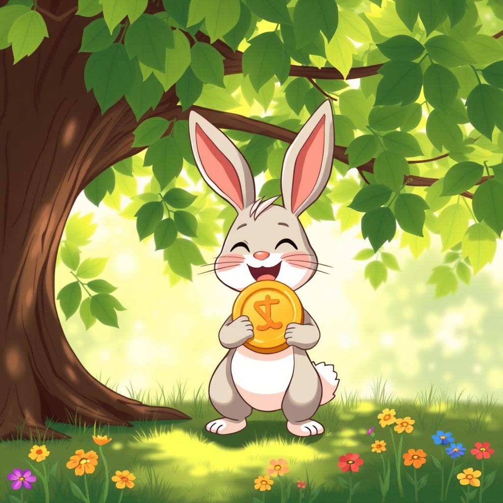 A joyful illustration of Min Rabbit happily holding a shiny golden coin under the shade of a large, leafy tree