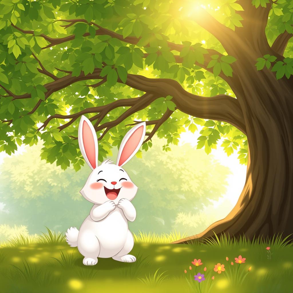 A delightful illustration of a happy white Min Rabbit joyfully holding a shiny golden coin under the shade of a large, lush tree