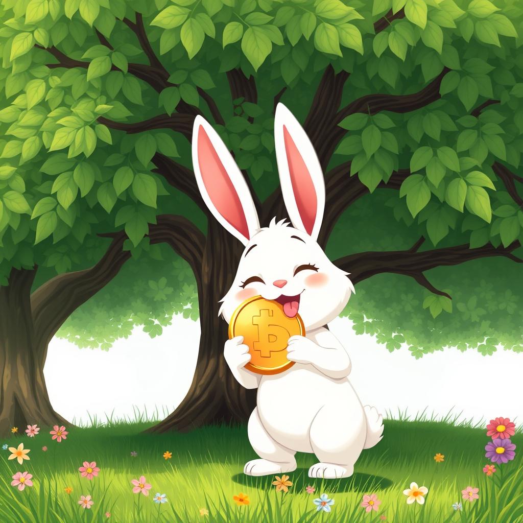 A joyful illustration of a Min white Rabbit happily holding a shiny golden coin under the shade of a large, leafy tree