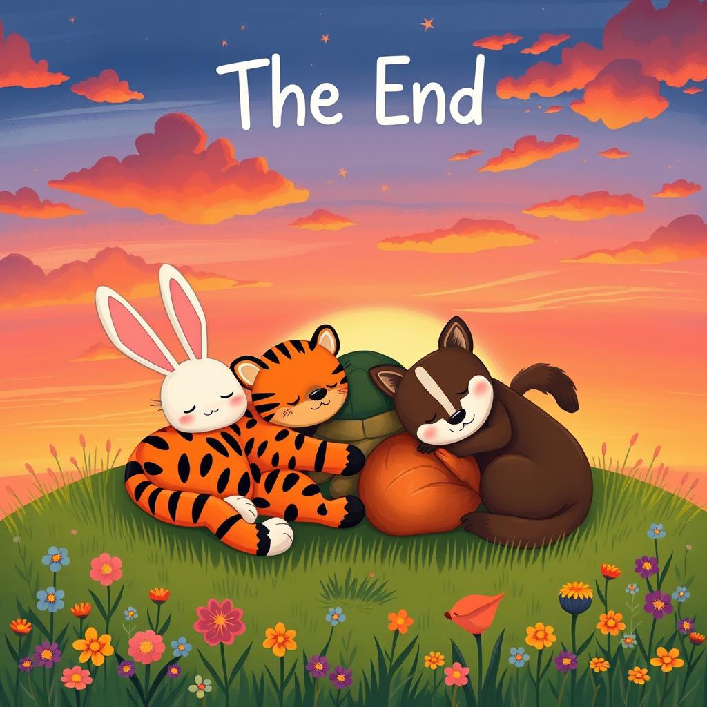 A heartwarming illustration of Min Rabbit, Turtle, Tiger, Fox, and Dog all peacefully sleeping together on a grassy hill, surrounded by colorful wildflowers
