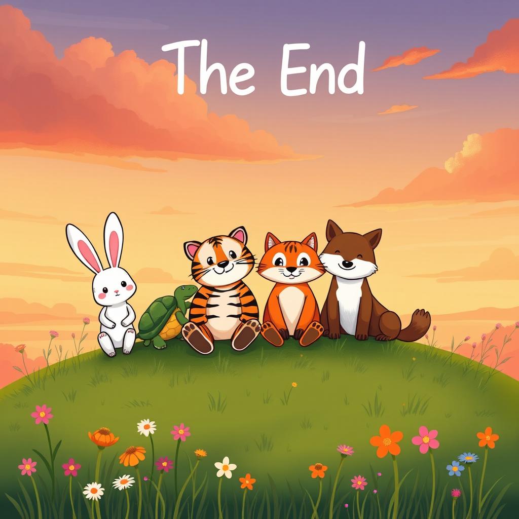A charming illustration of Min Rabbit, Turtle, Tiger, Fox, and Dog sitting together on a grassy hill, enjoying each other's company