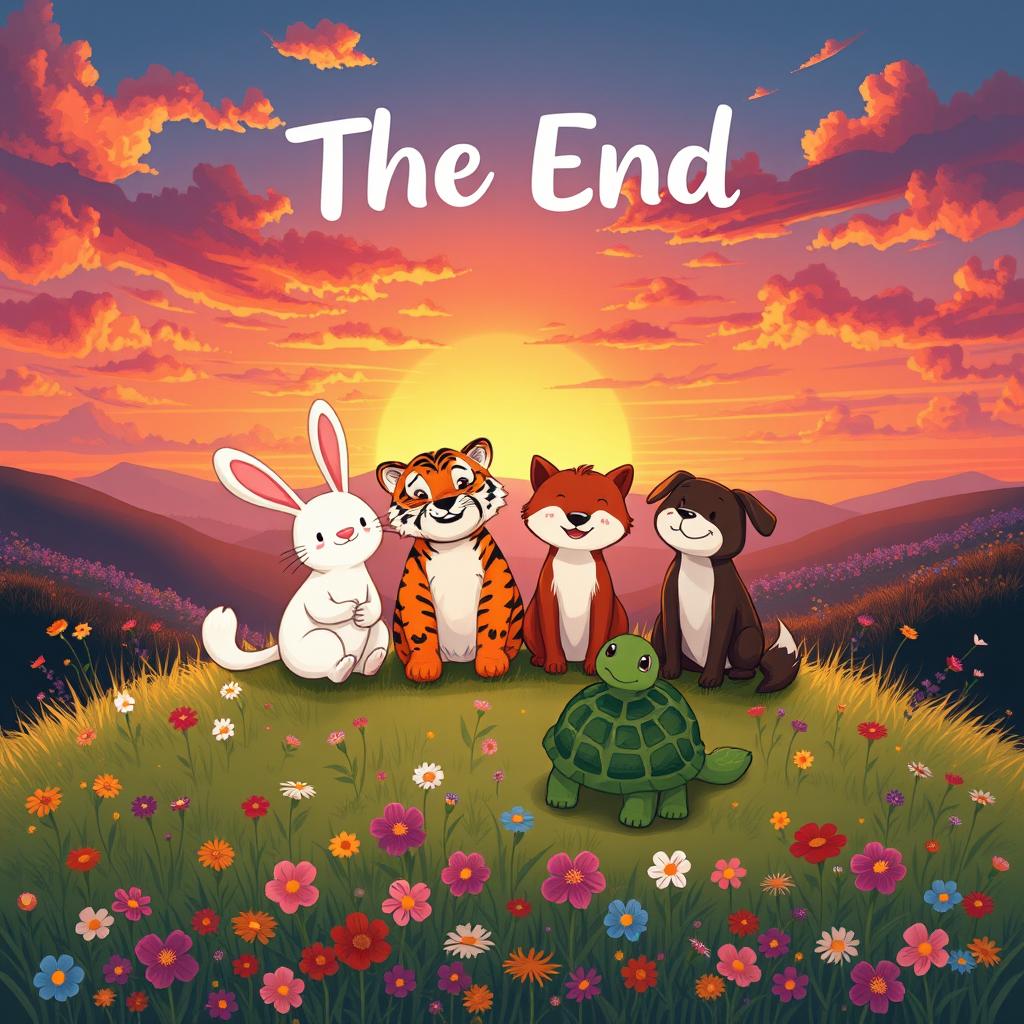 An enchanting illustration of Min White Rabbit, Tiger, Fox, Dog, and Turtle sitting together on a grassy hill, enjoying a picturesque moment