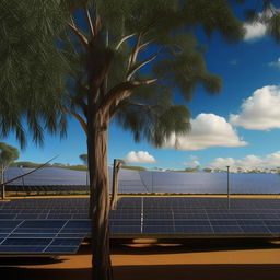 A vast field of solar panels in Queensland, Australia, bathed in warm sunlight with eucalyptus trees and a vibrant blue sky in the background