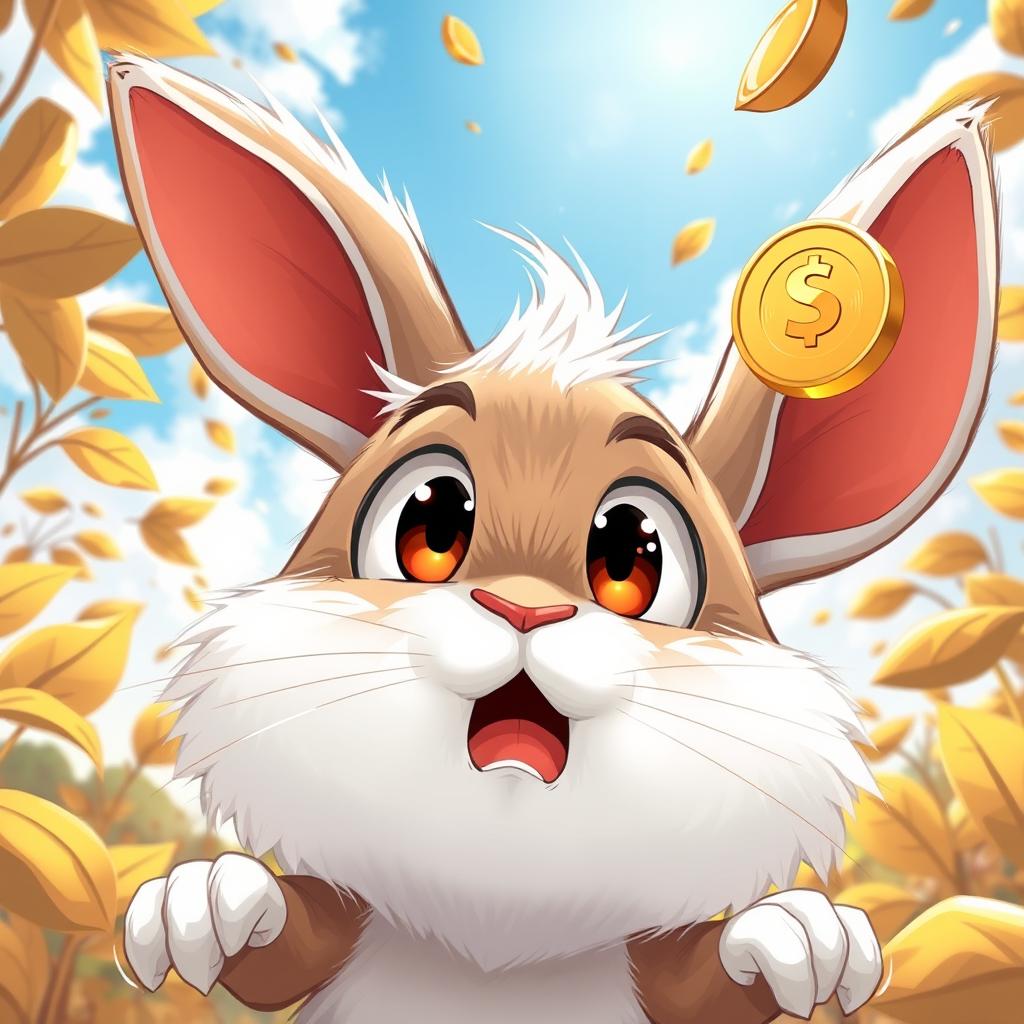 An expressive illustration of Min Rabbit, featuring wide eyes filled with shock and surprise as a golden coin is whisked away by a gentle breeze