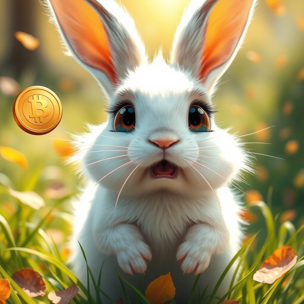 An expressive image of Min White Rabbit, featuring wide eyes filled with shock and surprise, as a golden coin is swept away by a playful gust of wind