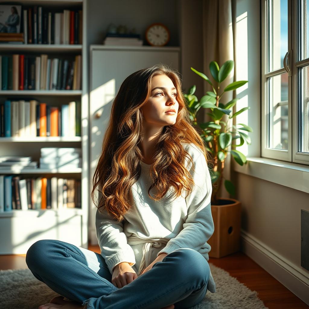 A young woman sitting in a cozy living room, surrounded by warm lighting and stylish decor