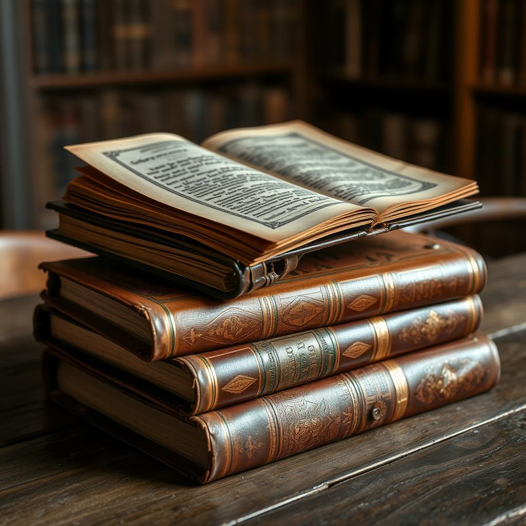 A stack of 4 ancient books, with one open ancient book positioned on top of the stack