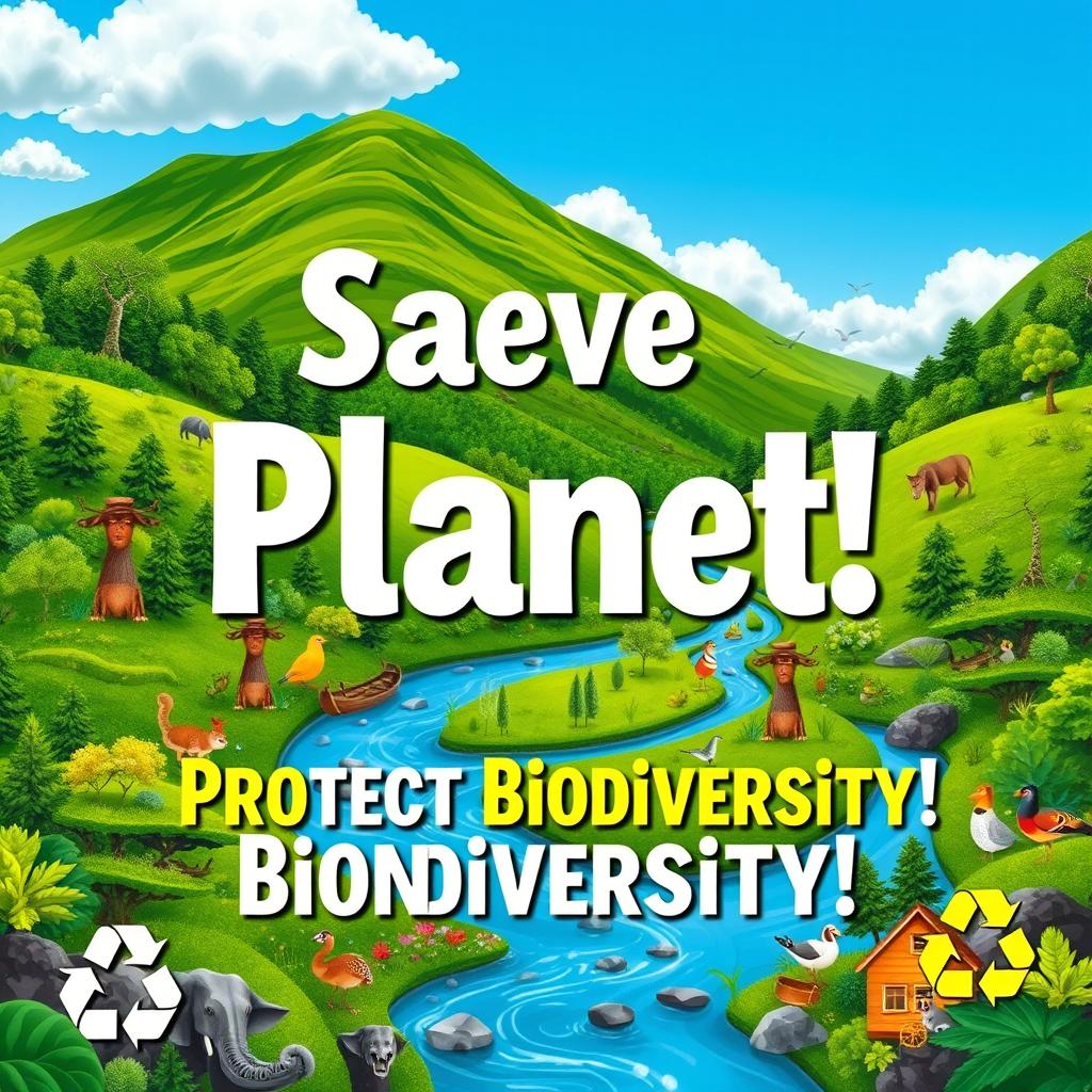 A vibrant poster design focused on environmental conservation, featuring a lush green landscape with diverse flora and fauna