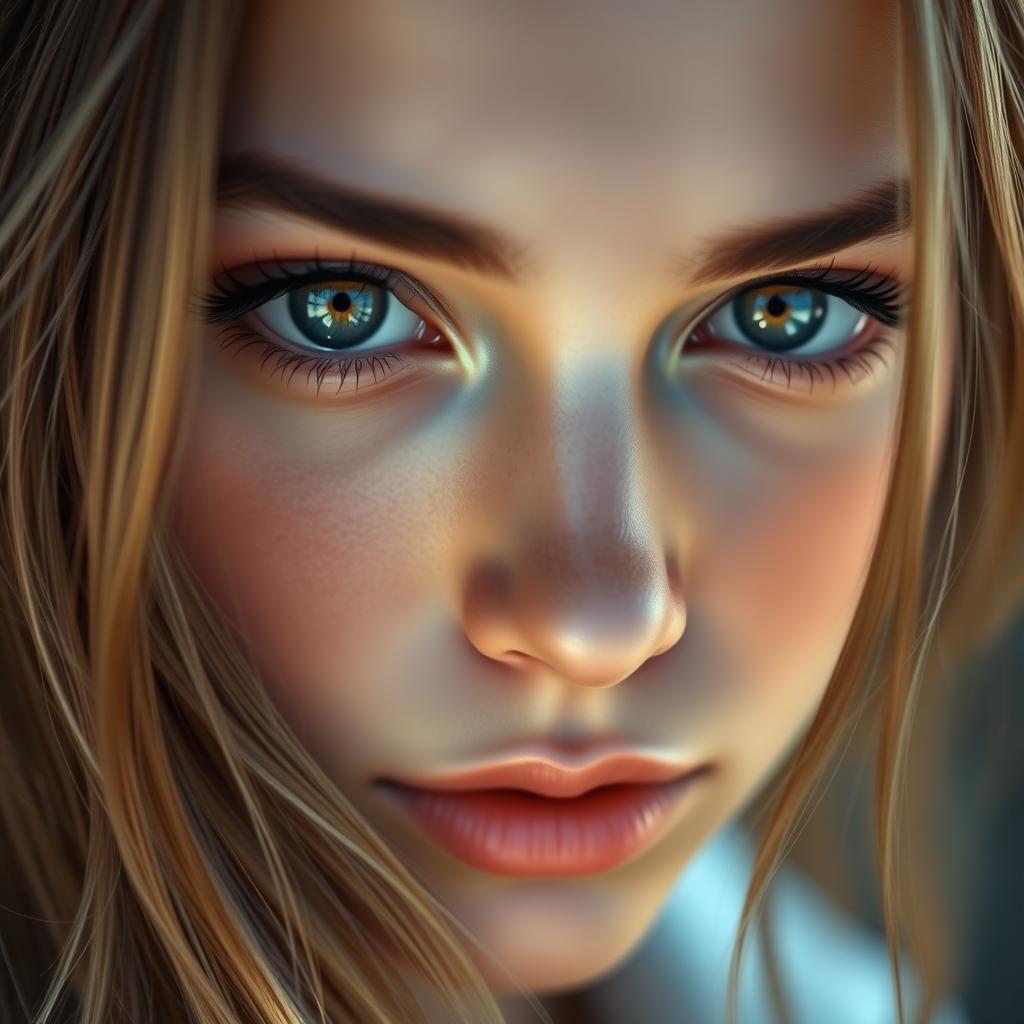 A close-up portrait of a beautiful young woman with long flowing hair, her intense eyes are the focal point of the image, showcasing incredible detail and realism