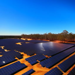 A vast field of solar panels in Queensland, Australia, bathed in warm sunlight with eucalyptus trees and a vibrant blue sky in the background